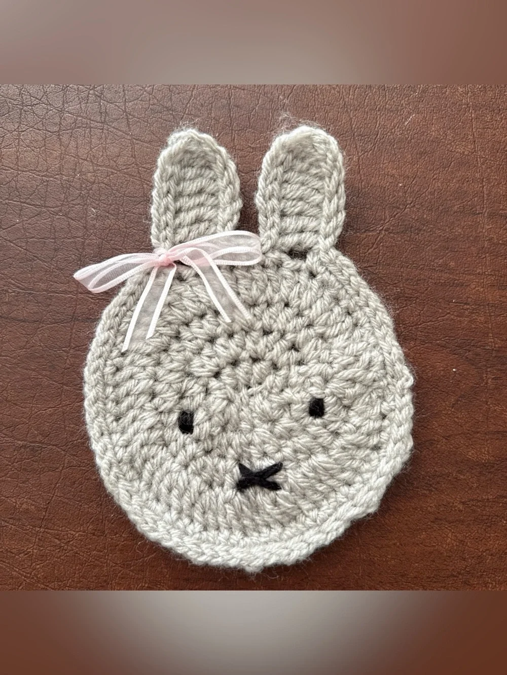 Brand New Handmade Crochet Gray Miffy Coaster With Bow